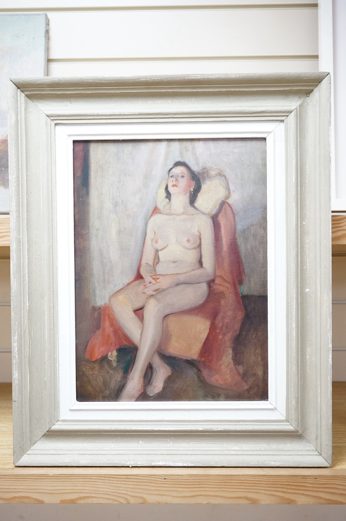 Francis Helps (1890-1972), oil on board, Study of a nude woman, inscribed verso, 39 x 28cm. Condition- good